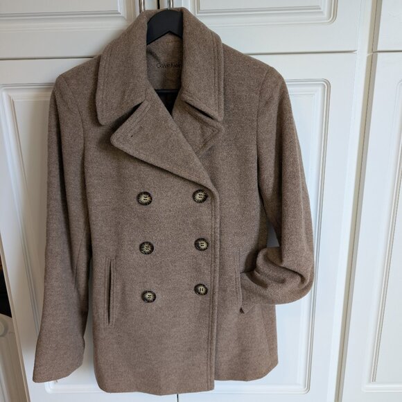 Vintage Calvin Klein Double Breasted Wool/Silk Pea Coat | Oat Women's Size 10 - Picture 1 of 15